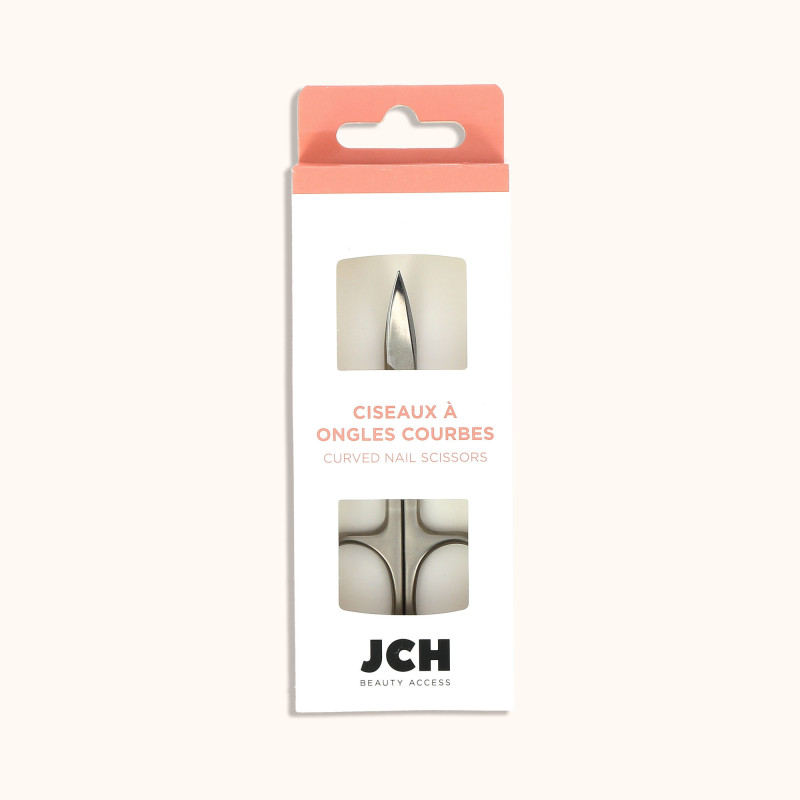 Le ciseaux à ongle courbes de BA finition mi-brillant mi-brossé dans son packaging en carton.