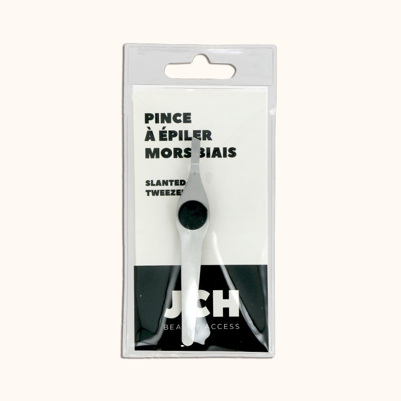 La pince à épiler mors biais métallique avec un repose-doigt noir BA dans son packaging BA